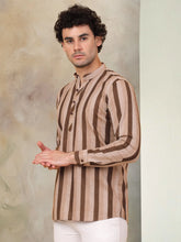 Men's Beige Striped Short Kurtas-KO-5078Beige